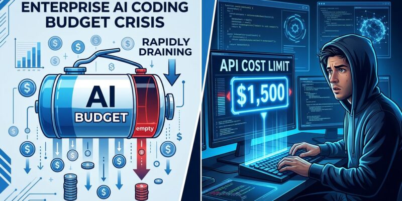 Split-screen illustration showing enterprise AI coding budget drain on left and developer with spending cap on right