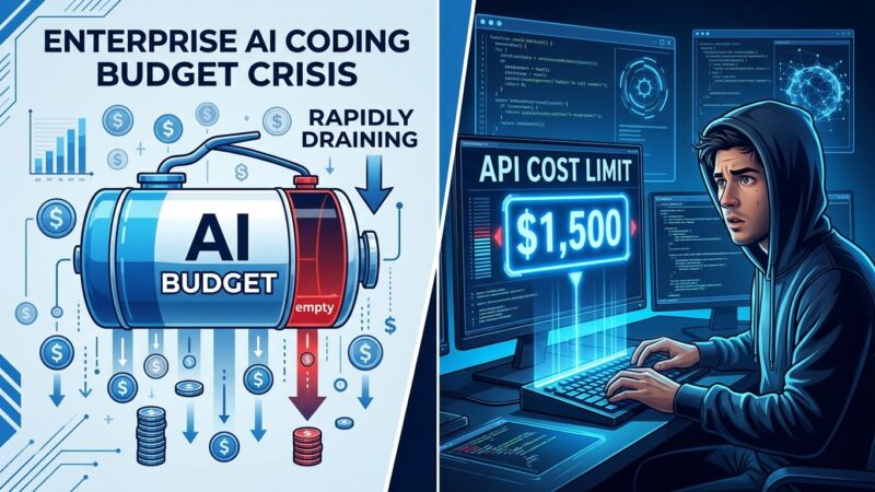 Split-screen illustration showing enterprise AI coding budget drain on left and developer with spending cap on right