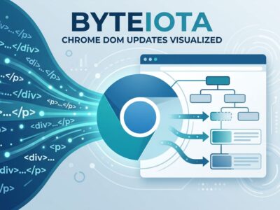 Chrome browser with HTML code streams flowing into DOM slots illustrating declarative partial updates