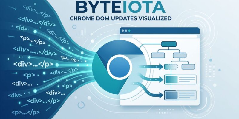 Chrome browser with HTML code streams flowing into DOM slots illustrating declarative partial updates