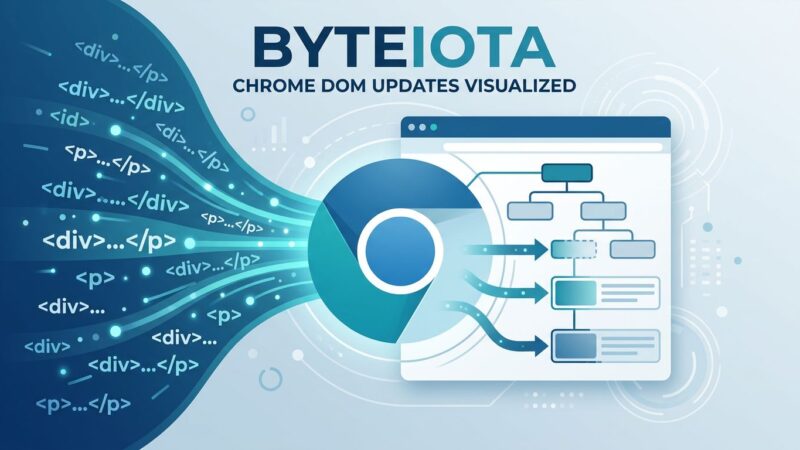 Chrome browser with HTML code streams flowing into DOM slots illustrating declarative partial updates