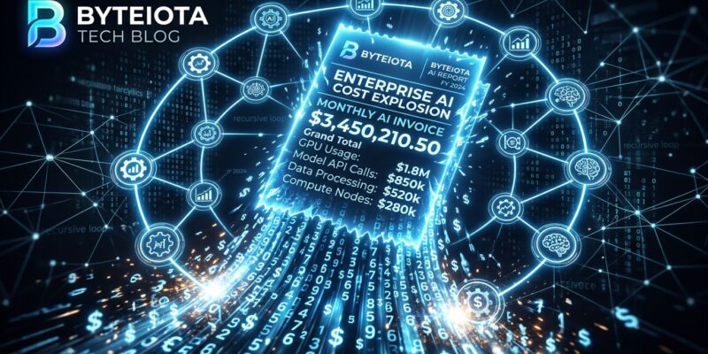 Enterprise AI cost explosion showing recursive agent loops and astronomical billing on a dark tech background
