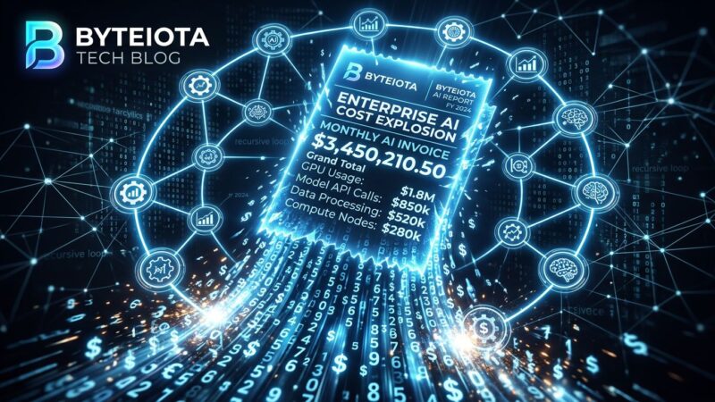 Enterprise AI cost explosion showing recursive agent loops and astronomical billing on a dark tech background