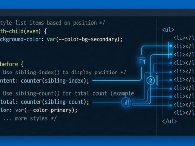 CSS code showing sibling-index and sibling-count functions with connection lines between HTML list elements