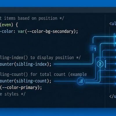 CSS code showing sibling-index and sibling-count functions with connection lines between HTML list elements