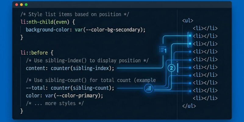 CSS code showing sibling-index and sibling-count functions with connection lines between HTML list elements