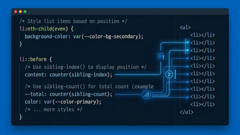CSS code showing sibling-index and sibling-count functions with connection lines between HTML list elements