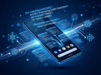 Android smartphone with holographic Kotlin code annotations and AI agent connection pathways representing AppFunctions on-device MCP integration