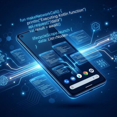 Android smartphone with holographic Kotlin code annotations and AI agent connection pathways representing AppFunctions on-device MCP integration