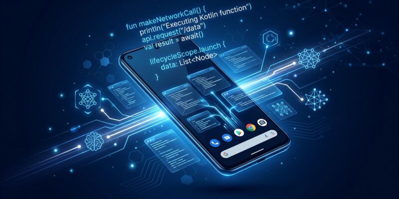 Android smartphone with holographic Kotlin code annotations and AI agent connection pathways representing AppFunctions on-device MCP integration