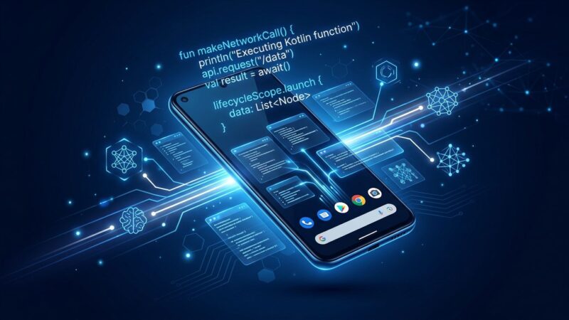 Android smartphone with holographic Kotlin code annotations and AI agent connection pathways representing AppFunctions on-device MCP integration