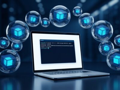 Apple MacBook terminal showing Linux container commands with blue glowing isolated container boxes representing per-VM hypervisor isolation