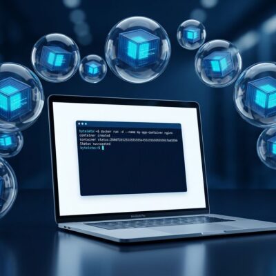 Apple MacBook terminal showing Linux container commands with blue glowing isolated container boxes representing per-VM hypervisor isolation