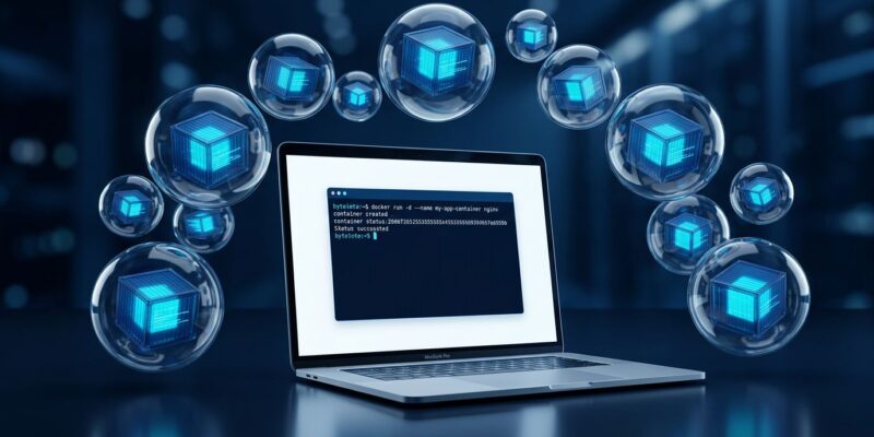 Apple MacBook terminal showing Linux container commands with blue glowing isolated container boxes representing per-VM hypervisor isolation