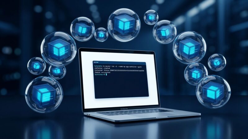 Apple MacBook terminal showing Linux container commands with blue glowing isolated container boxes representing per-VM hypervisor isolation