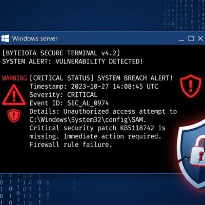 Windows server terminal showing critical security vulnerability alert for CVE-2026-41089 Netlogon RCE