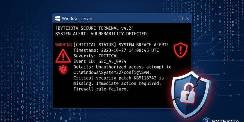 Windows server terminal showing critical security vulnerability alert for CVE-2026-41089 Netlogon RCE