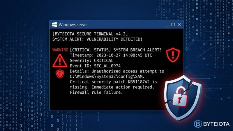 Windows server terminal showing critical security vulnerability alert for CVE-2026-41089 Netlogon RCE