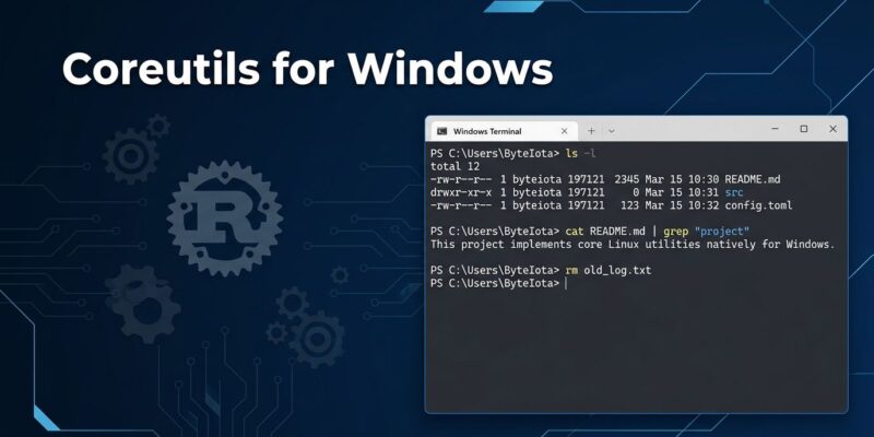 Windows terminal showing native Linux commands ls grep cat running via Coreutils for Windows
