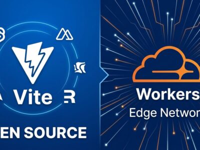 Split-screen illustration showing Vite open source ecosystem on the left and Cloudflare Workers platform on the right, representing the VoidZero acquisition