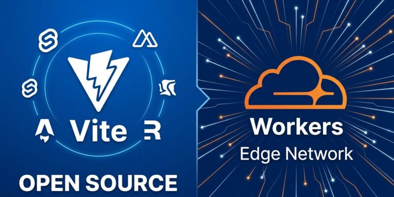 Split-screen illustration showing Vite open source ecosystem on the left and Cloudflare Workers platform on the right, representing the VoidZero acquisition