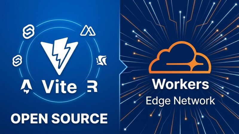 Split-screen illustration showing Vite open source ecosystem on the left and Cloudflare Workers platform on the right, representing the VoidZero acquisition