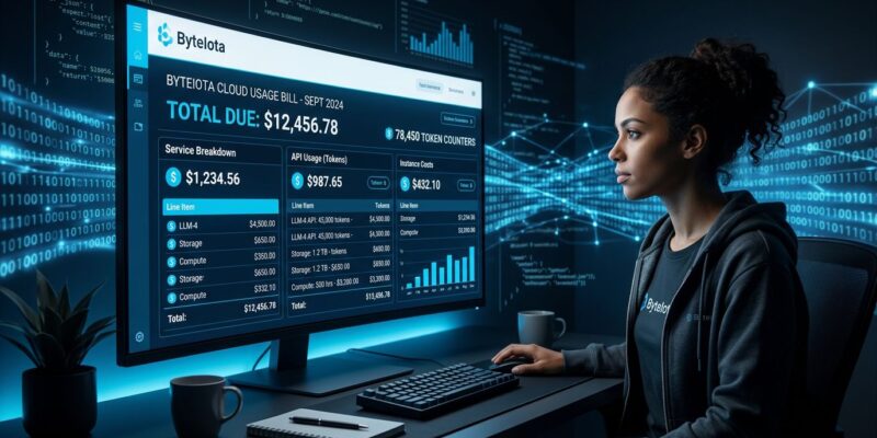 Developer looking at large AI coding tool invoice with token costs exceeding salary