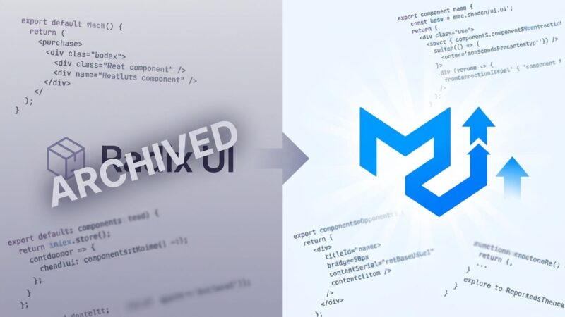 Split-screen comparison of Radix UI and Base UI component libraries, showing the shadcn/ui default switch