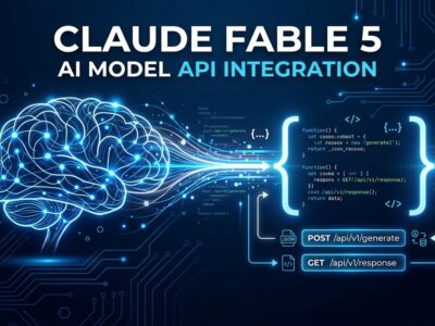Claude Fable 5 API integration diagram with neural network patterns and code elements in ByteIota blue and white