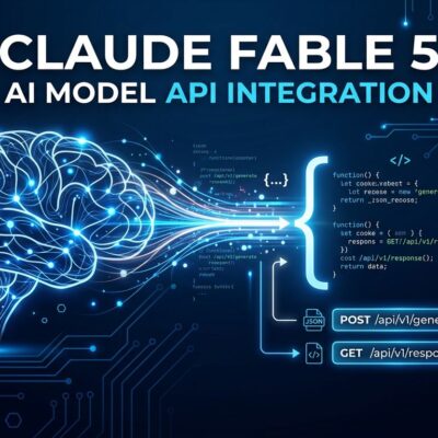 Claude Fable 5 API integration diagram with neural network patterns and code elements in ByteIota blue and white