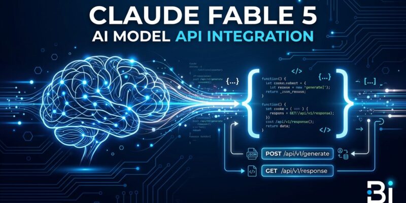 Claude Fable 5 API integration diagram with neural network patterns and code elements in ByteIota blue and white
