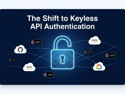 A glowing padlock with circuit board patterns surrounded by cloud provider identity badges, representing keyless Claude API authentication via Workload Identity Federation