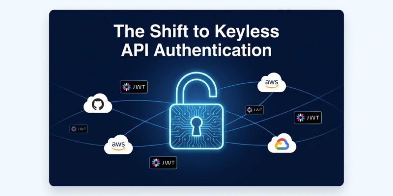A glowing padlock with circuit board patterns surrounded by cloud provider identity badges, representing keyless Claude API authentication via Workload Identity Federation