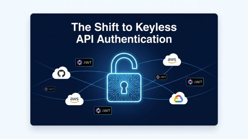A glowing padlock with circuit board patterns surrounded by cloud provider identity badges, representing keyless Claude API authentication via Workload Identity Federation