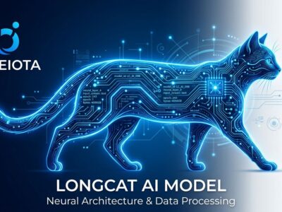 LongCat-2.0 agentic coding model by Meituan - glowing neural cat silhouette on blue and white background