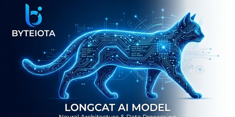 LongCat-2.0 agentic coding model by Meituan - glowing neural cat silhouette on blue and white background