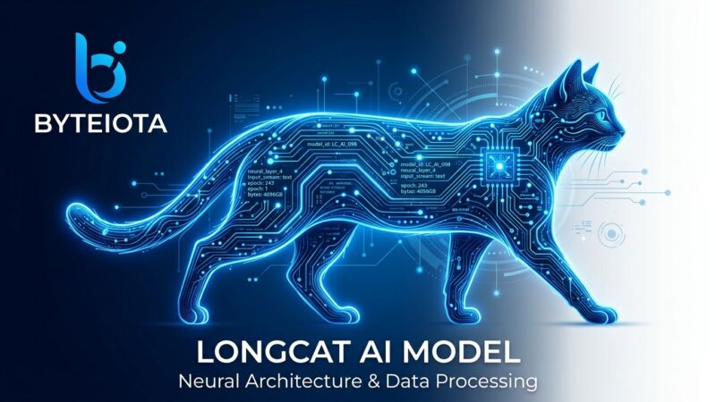 LongCat-2.0 agentic coding model by Meituan - glowing neural cat silhouette on blue and white background