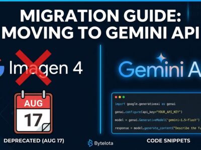 Split-screen showing deprecated Imagen 4 models on the left with a red X and August 17 deadline, and the new Gemini 3.1 Flash Image API on the right with Python migration code