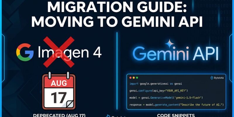 Split-screen showing deprecated Imagen 4 models on the left with a red X and August 17 deadline, and the new Gemini 3.1 Flash Image API on the right with Python migration code