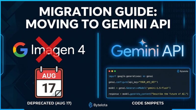 Split-screen showing deprecated Imagen 4 models on the left with a red X and August 17 deadline, and the new Gemini 3.1 Flash Image API on the right with Python migration code