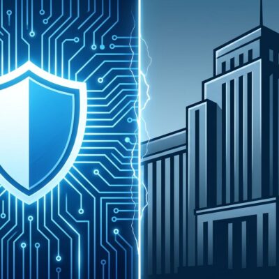 Split-screen illustration showing AI safety circuit board with shield on left versus government building on right, representing the Anthropic Pentagon autonomous weapons dispute