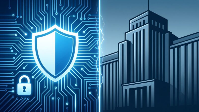 Split-screen illustration showing AI safety circuit board with shield on left versus government building on right, representing the Anthropic Pentagon autonomous weapons dispute