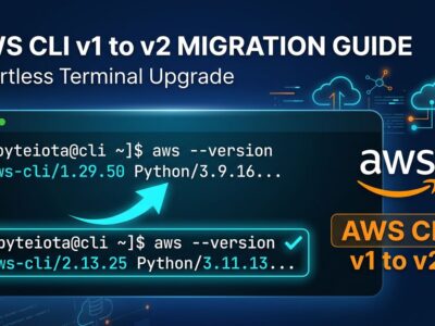 Terminal showing AWS CLI version migration from v1 to v2 with command output