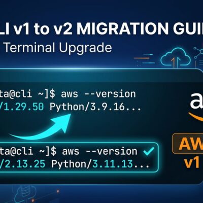 Terminal showing AWS CLI version migration from v1 to v2 with command output