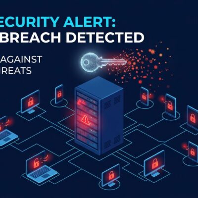 Server rack with warning indicators representing SimpleHelp CVE-2026-48558 authentication bypass vulnerability targeting MSP supply chains