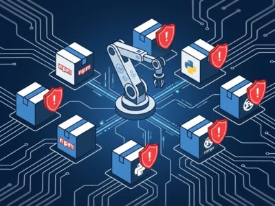 AI coding agent connected to package registries with a warning shield blocking vulnerable package installs