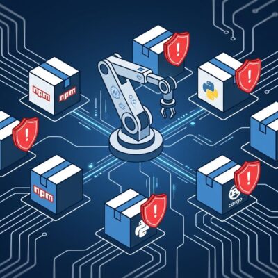 AI coding agent connected to package registries with a warning shield blocking vulnerable package installs