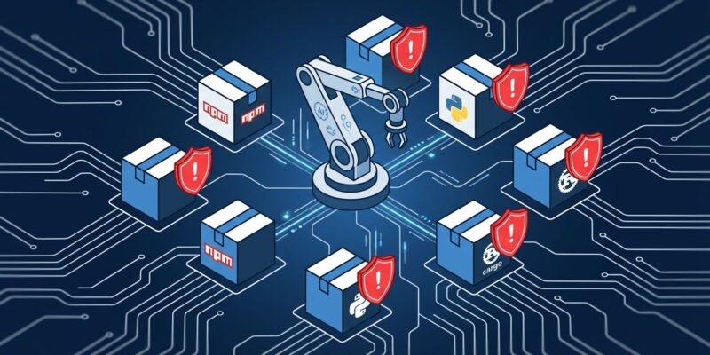AI coding agent connected to package registries with a warning shield blocking vulnerable package installs