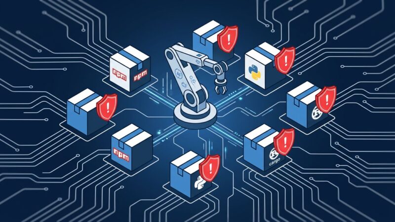 AI coding agent connected to package registries with a warning shield blocking vulnerable package installs