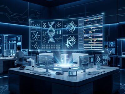 Claude Science AI workbench interface showing scientific data visualization with DNA strands, protein structures and genomic data in a blue digital environment